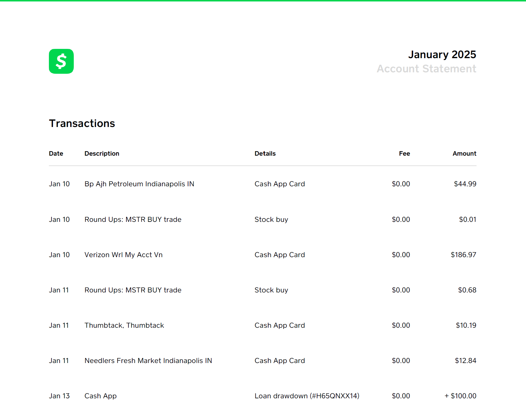 Cash App PDF statement with transaction details
